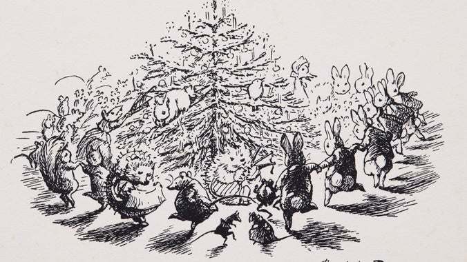 The front of the card features a print by BP showing rabbits, squirrels, hedgehogs and ducks (characters from the books) dancing around a Christmas tree.